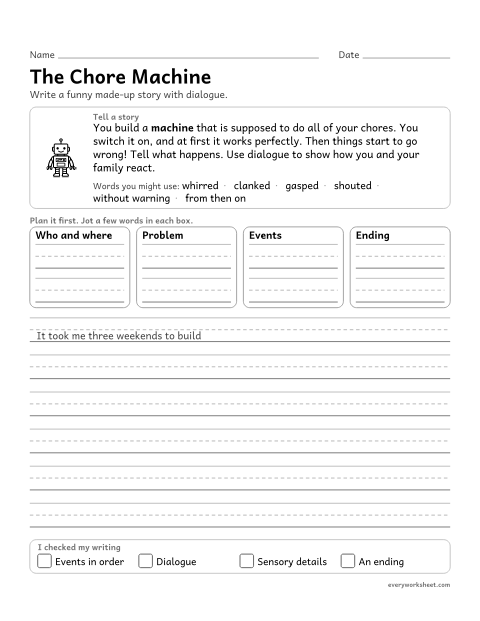 Preview of the printable “The chore machine” worksheet: using dialogue to develop events and show how characters respond in an imagined story