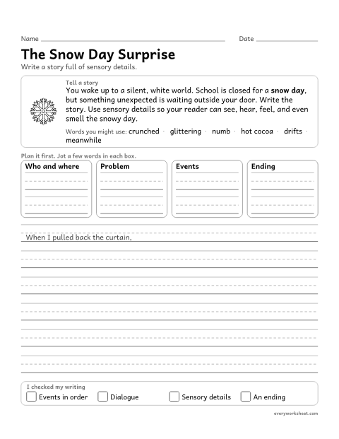Preview of the printable “The snow day surprise” worksheet: using concrete words and sensory details to describe events in a narrative