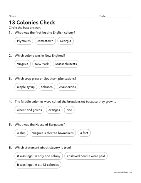 Preview of the printable “13 colonies quiz for 5th grade” worksheet: reviewing the 13 colonies, their regions and colonial life