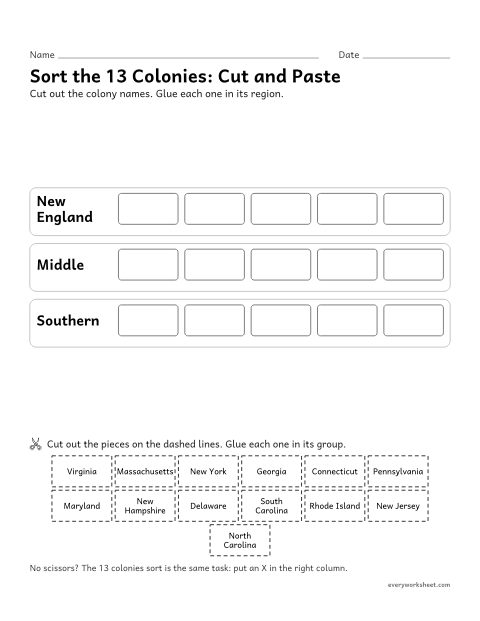 Preview of the printable “Sort the 13 colonies by Region: cut and paste” worksheet: classifying the 13 colonies by region