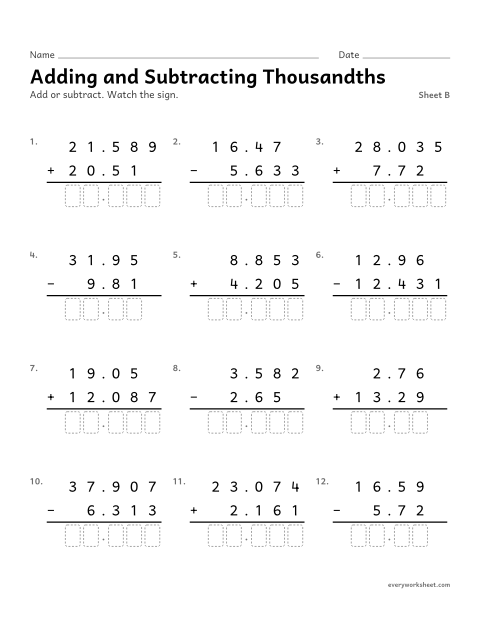 Preview of the printable “Adding and subtracting Thousandths, sheet B” worksheet: adding and subtracting decimals to thousandths