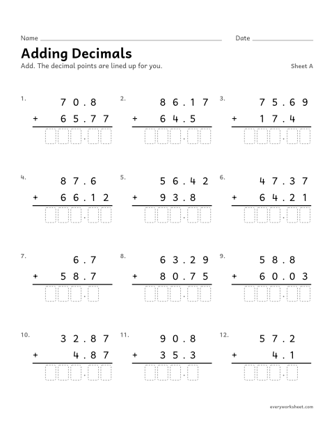 Preview of the printable “Adding Decimals, sheet A” worksheet: adding decimals to hundredths