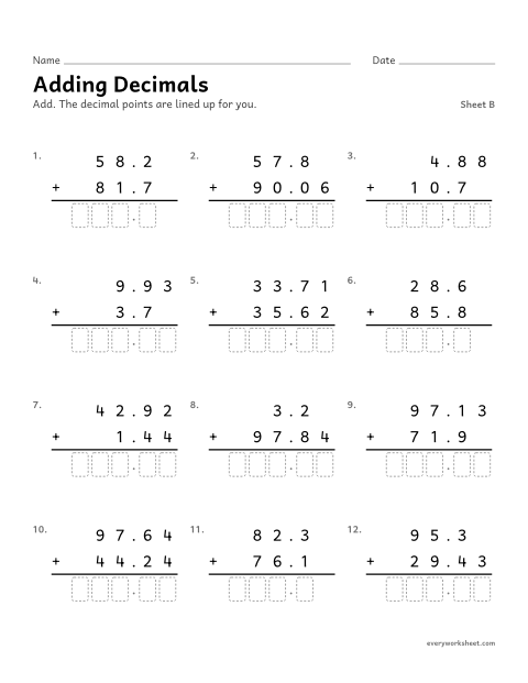 Preview of the printable “Adding Decimals, sheet B” worksheet: adding decimals to hundredths