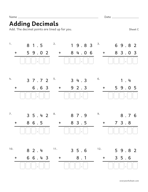 Preview of the printable “Adding Decimals, sheet C” worksheet: adding decimals to hundredths