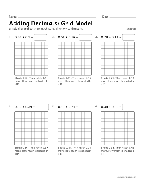 Preview of the printable “Adding Decimals: grid Model, sheet B” worksheet: adding decimals with hundredths grids