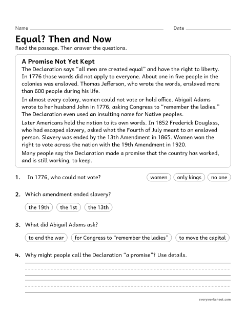 Preview of the printable ““All men are created Equal”: then and now reading” worksheet: comparing the Declaration's ideals with the realities of 1776 and later changes