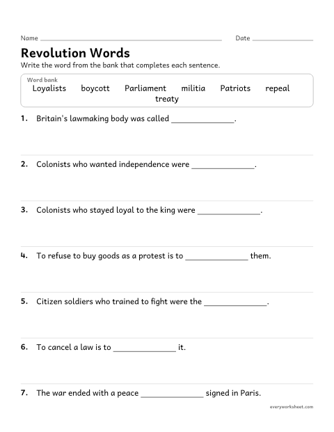 Preview of the printable “American revolution vocabulary fill in the blank” worksheet: using vocabulary about the American Revolution