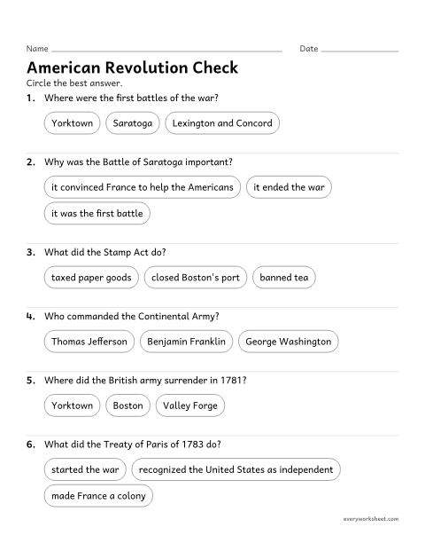 Preview of the printable “American revolution quiz for 5th grade” worksheet: reviewing the causes, events and people of the American Revolution