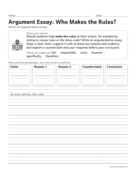 Preview of the printable “Argument Essay: who makes the Rules?” worksheet: writing an argumentative essay with a claim, reasons, evidence, and a counterclaim with a response