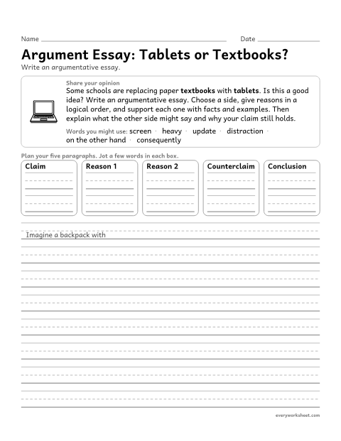Preview of the printable “Argument Essay: tablets or Textbooks?” worksheet: writing an argumentative essay with logically ordered reasons supported by facts and details