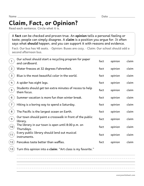 Preview of the printable “Claim, Fact, or Opinion?” worksheet: telling a claim apart from a fact and a personal opinion