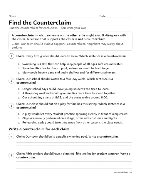 Preview of the printable “Find the counterclaim” worksheet: recognizing and writing counterclaims: what someone on the other side of an argument might say