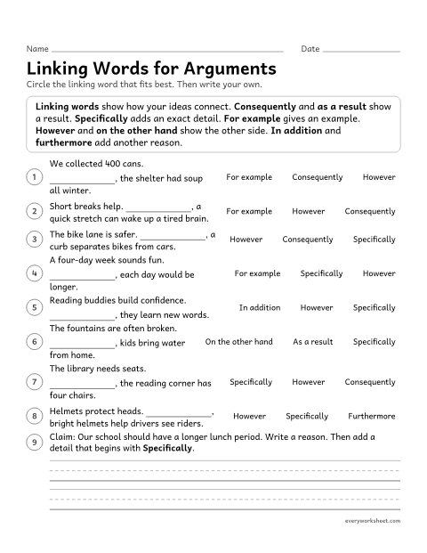 Preview of the printable “Linking words for arguments” worksheet: linking an opinion, reasons, and evidence with words and phrases such as consequently, specifically, for example, and however