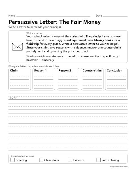 Preview of the printable “Persuasive Letter: the fair money” worksheet: writing a persuasive letter with a claim, reasons, evidence, and a respectful response to a counterclaim