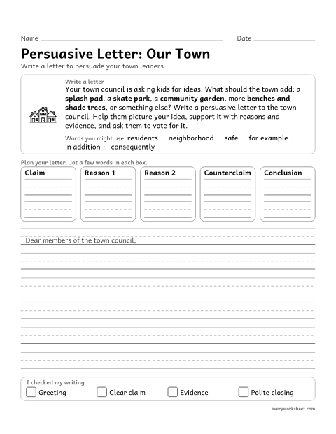 Preview of the printable “Persuasive Letter: our town” worksheet: writing a persuasive letter with logically ordered reasons supported by facts and details