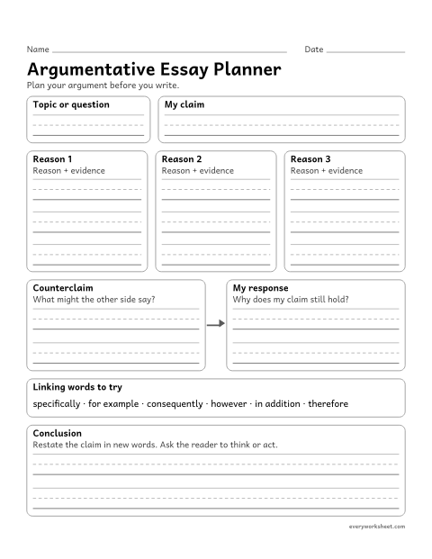 Preview of the printable “Argumentative essay planner” worksheet: planning an argument: claim, reasons with evidence, a counterclaim with a response, and a conclusion