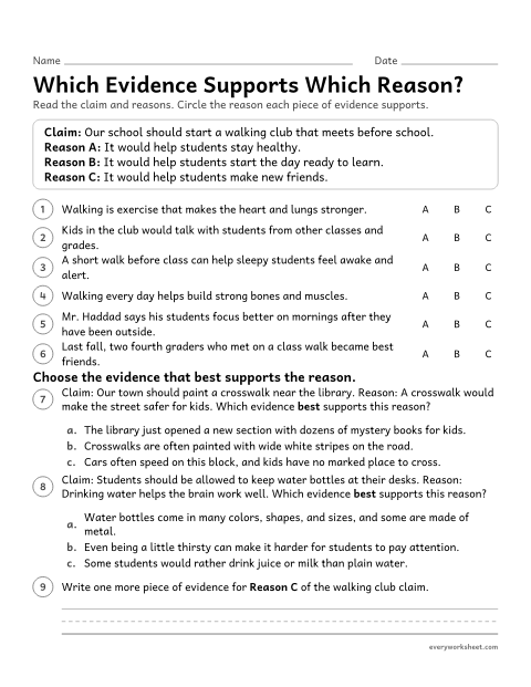 Preview of the printable “Which evidence supports which Reason?” worksheet: identifying which evidence supports which reason in an argument