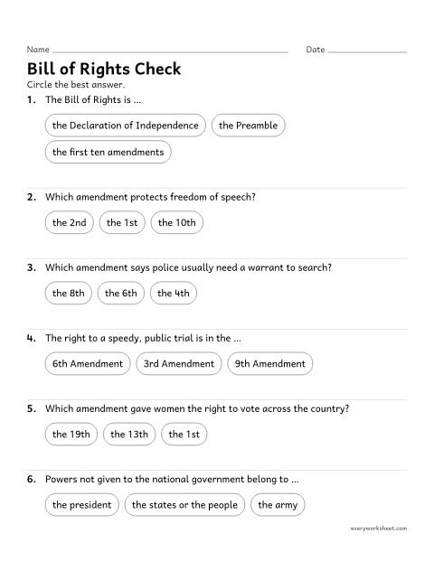 Preview of the printable “Bill of rights quiz for 5th grade” worksheet: reviewing the Bill of Rights