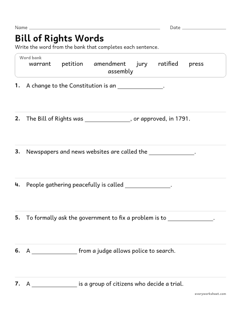 Preview of the printable “Bill of rights vocabulary worksheet” worksheet: using vocabulary about the Bill of Rights
