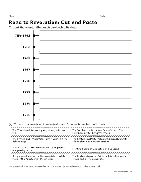 Preview of the printable “Causes of the american revolution cut and paste timeline” worksheet: sequencing the events that led to the American Revolution