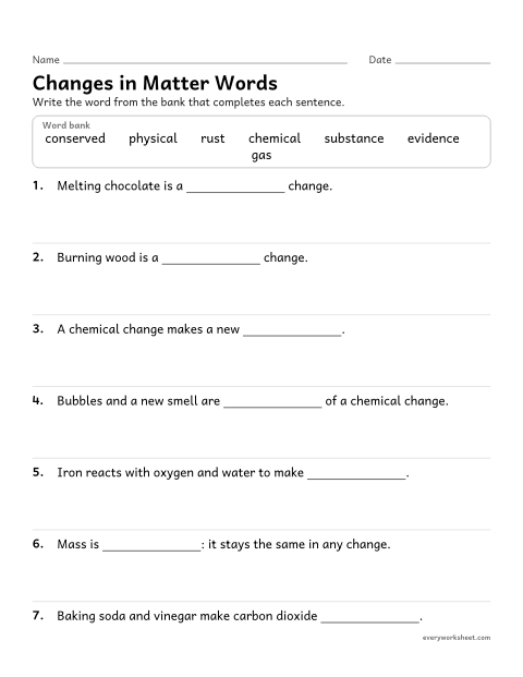 Preview of the printable “Physical and chemical changes vocabulary worksheet” worksheet: using vocabulary for changes in matter