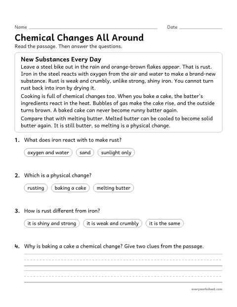 Preview of the printable “Chemical changes reading Passage: rust and cooking” worksheet: explaining how chemical changes make new substances