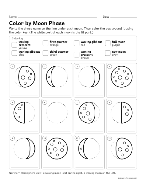 Preview of the printable “Color by moon phase name worksheet” worksheet: identifying moon phases by name