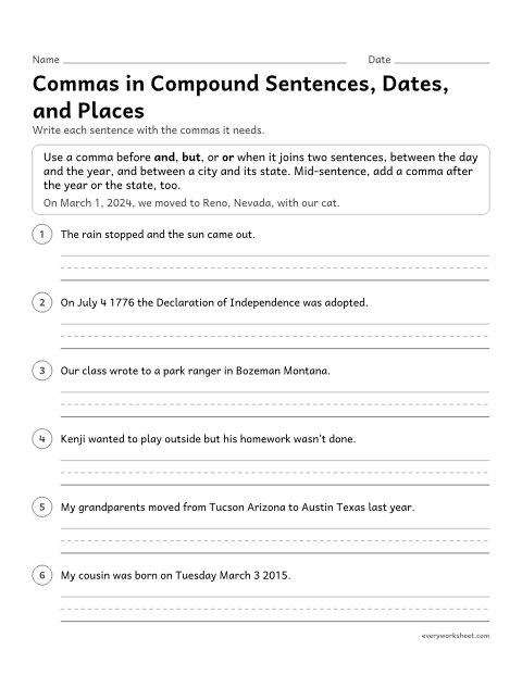 Preview of the printable “Commas in compound Sentences, Dates, and places” worksheet: using commas in compound sentences, dates, and place names