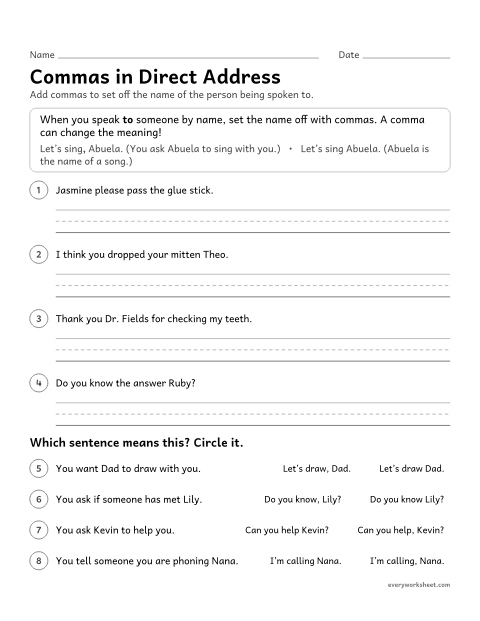 Preview of the printable “Commas in direct address” worksheet: using commas to indicate direct address