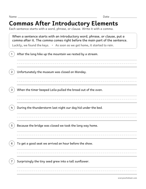 Preview of the printable “Commas after introductory elements” worksheet: using a comma to separate an introductory word, phrase, or clause from the rest of the sentence