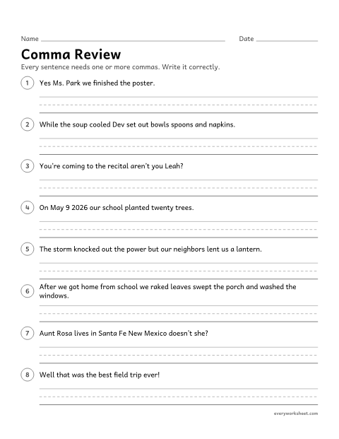 Preview of the printable “Comma review” worksheet: using commas for series, introductory elements, yes and no, tag questions, direct address, compound sentences, dates, and places