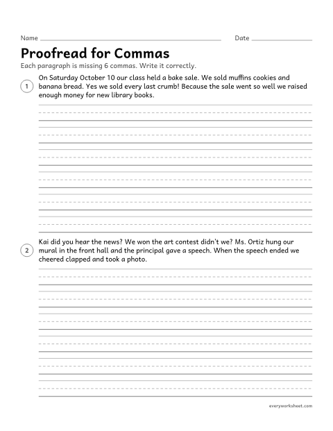 Preview of the printable “Proofread for commas” worksheet: editing a paragraph for commas (mixed comma rules)