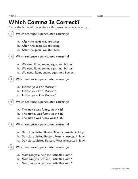 Preview of the printable “Which comma is Correct?” worksheet: choosing the sentence with correct comma use (mixed comma rules)
