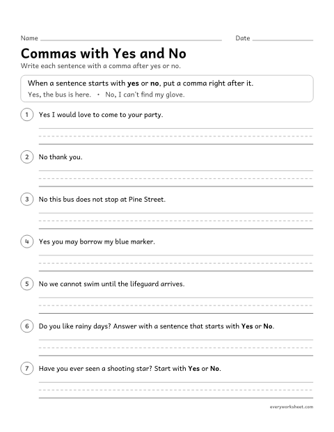 Preview of the printable “Commas with yes and no” worksheet: using a comma to set off the words yes and no