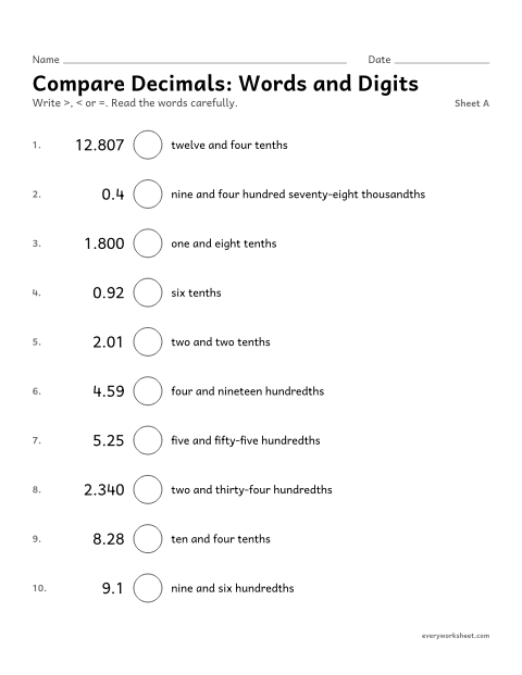 Preview of the printable “Compare Decimals: words and Digits, sheet A” worksheet: comparing decimals written in words and digits