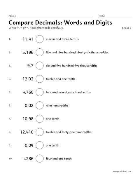 Preview of the printable “Compare Decimals: words and Digits, sheet B” worksheet: comparing decimals written in words and digits