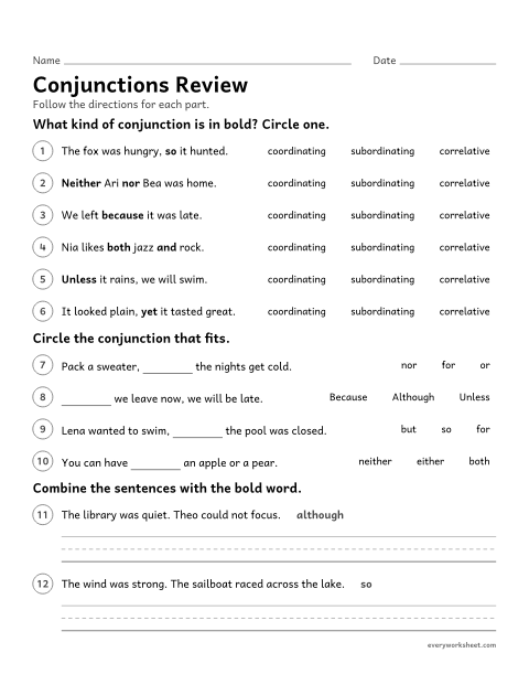 Preview of the printable “Conjunctions review” worksheet: reviewing coordinating, subordinating, and correlative conjunctions