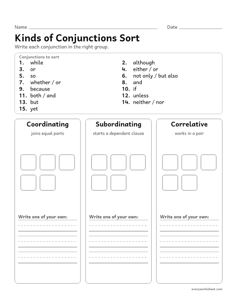 Preview of the printable “Kinds of conjunctions sort” worksheet: sorting conjunctions as coordinating, subordinating, or correlative