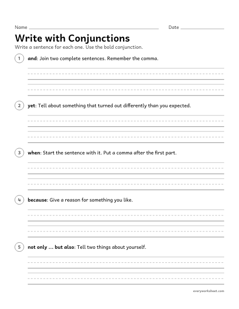 Preview of the printable “Write with conjunctions” worksheet: writing sentences with coordinating, subordinating, and correlative conjunctions