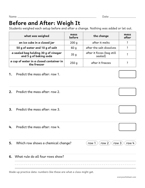 Preview of the printable “Conservation of matter Worksheet: weigh it before and after” worksheet: using measurements to show that total mass is conserved in physical and chemical changes