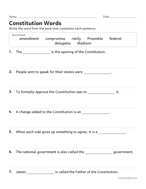 Preview of the printable “U.S. constitution vocabulary fill in the blank” worksheet: using vocabulary about the Constitution