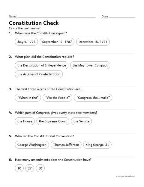 Preview of the printable “U.S. constitution quiz for 5th grade” worksheet: reviewing how the Constitution was written and what it does