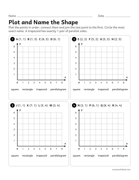 Preview of the printable “Plot and name the shape” worksheet: plotting the vertices of a shape from ordered pairs, connecting them and naming the shape