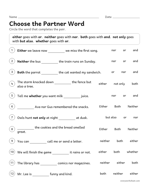 Preview of the printable “Choose the partner word” worksheet: completing correlative conjunction pairs