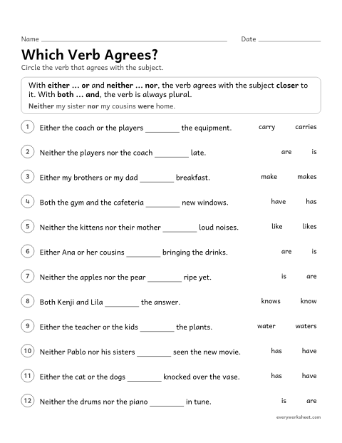 Preview of the printable “Which verb Agrees?” worksheet: making the verb agree with the nearer subject after either/or and neither/nor