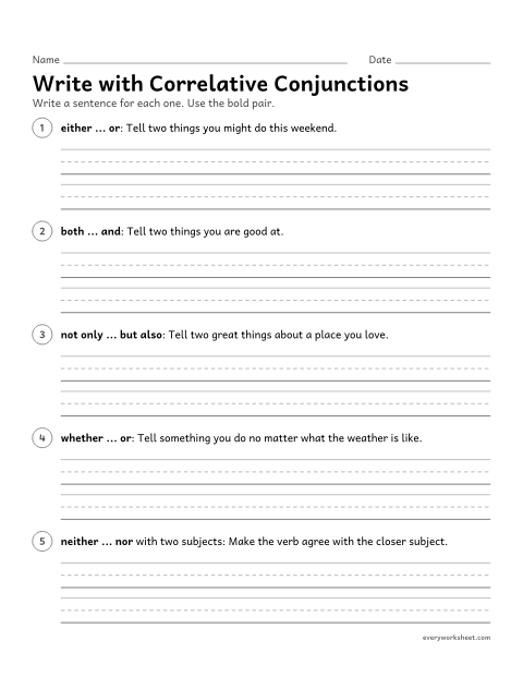 Preview of the printable “Write with correlative conjunctions” worksheet: writing sentences with correlative conjunctions
