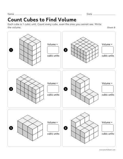 Preview of the printable “Count cubes to find Volume, sheet B” worksheet: counting unit cubes in larger prisms and in figures made of two prisms, including the cubes you cannot see