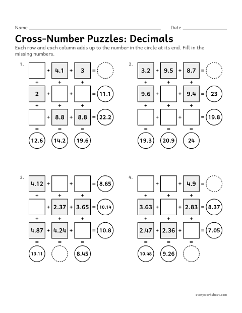 Preview of the printable “Cross-Number Puzzles: decimals” worksheet: adding and subtracting decimals across and down to complete cross-number puzzles