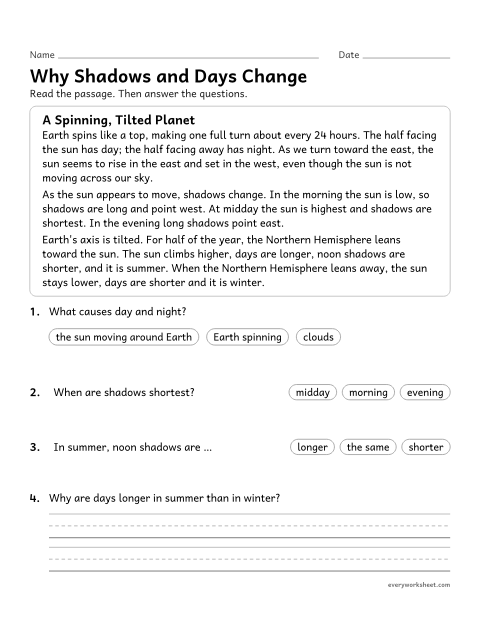 Preview of the printable “Day and Night, shadows and seasons reading passage” worksheet: explaining daily and seasonal patterns caused by Earth's spin and tilt