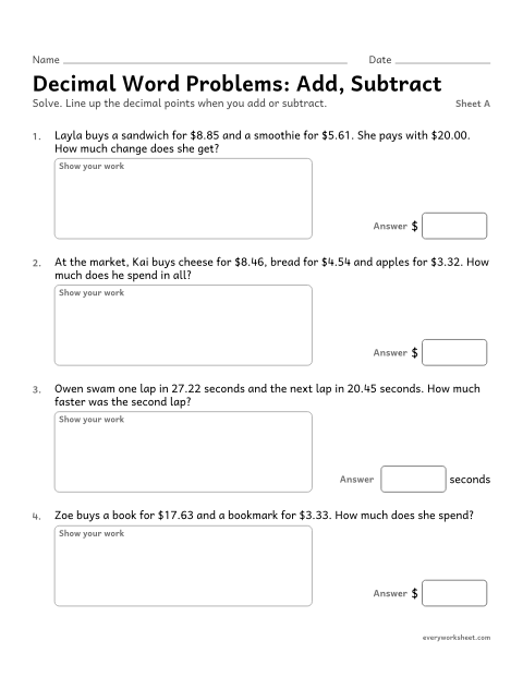Preview of the printable “Decimal word Problems: Add, Subtract, sheet A” worksheet: solving word problems by adding and subtracting decimals